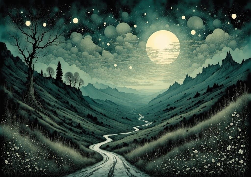 Ethereal Nocturnal Landscape with Winding Road and Ornate Cl...