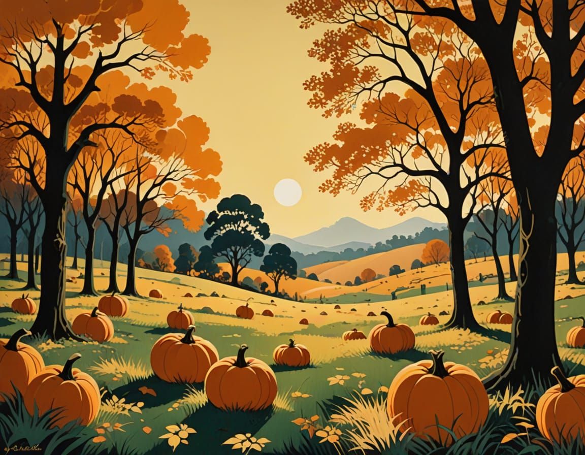 Gouache Autumn Orchard Meadow Panorama