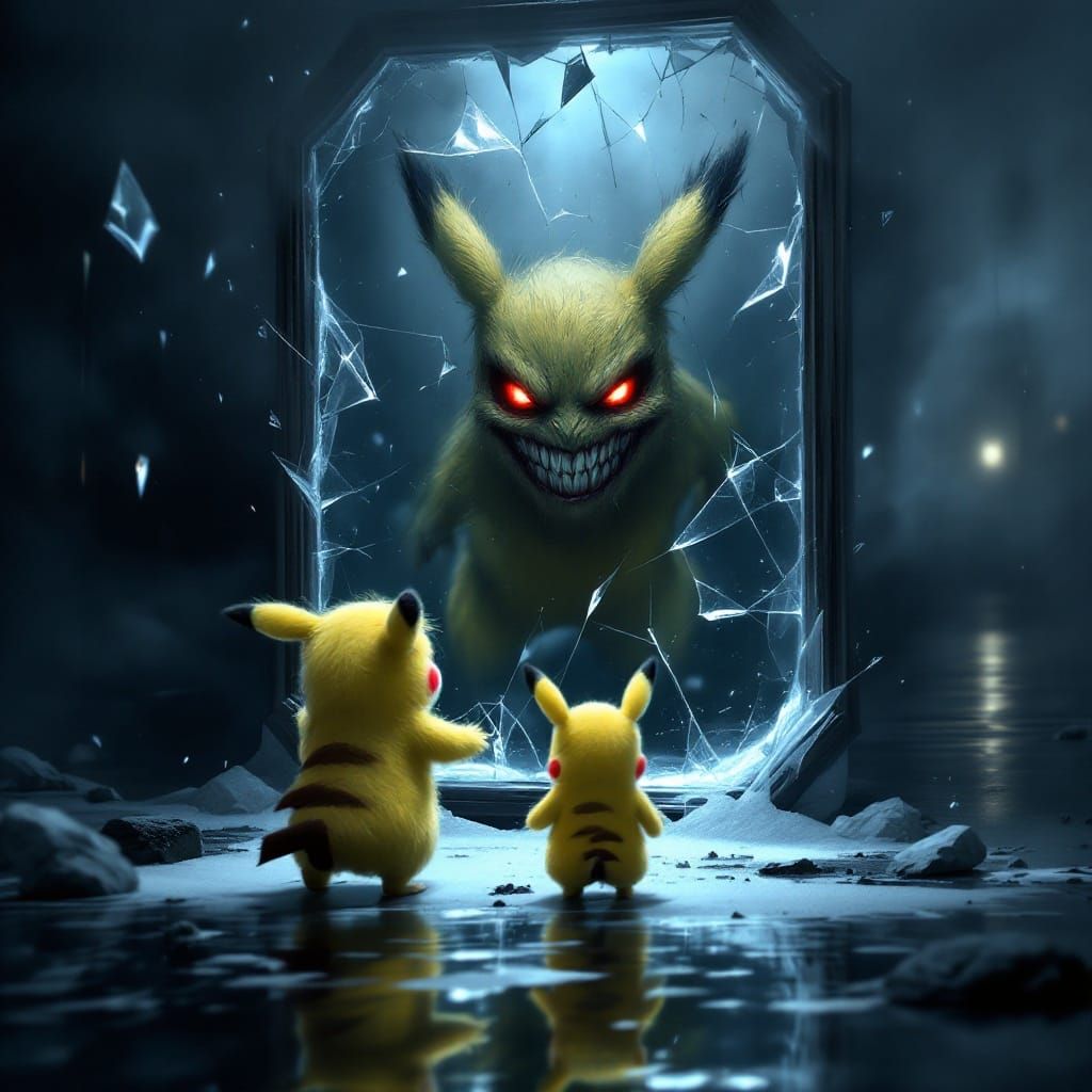 Menacing Pikachu Emerges from Shattered Mirror