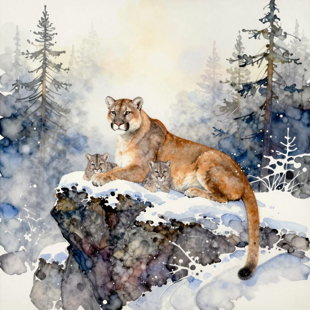 Mountain Lions Resting in Serene Forest Landscape