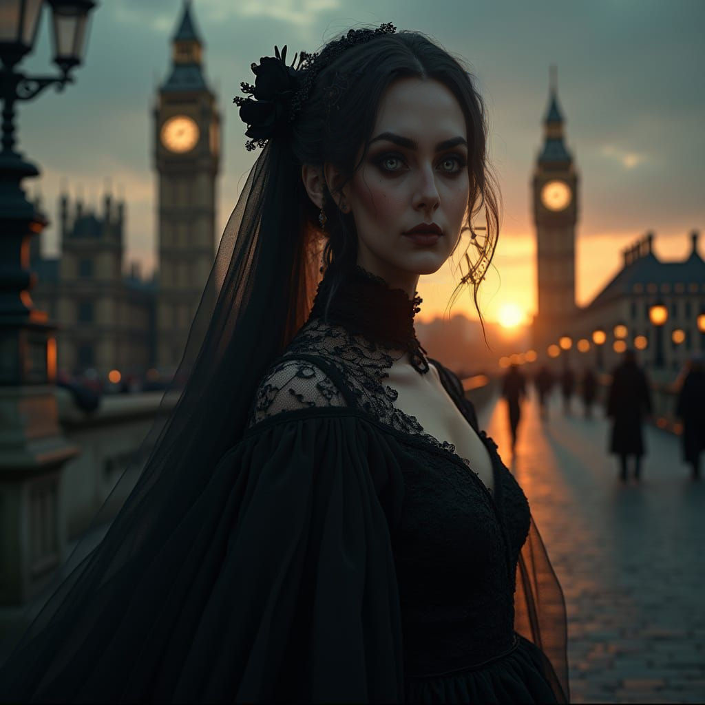 Gothic Bride Under London Clock Tower in Hyperrealistic Deta...