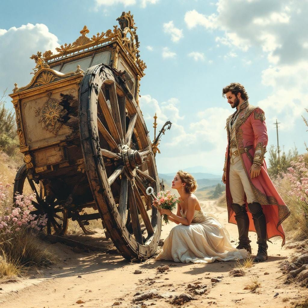 Hyperrealistic Princess Repairs Carriage on Dusty Road