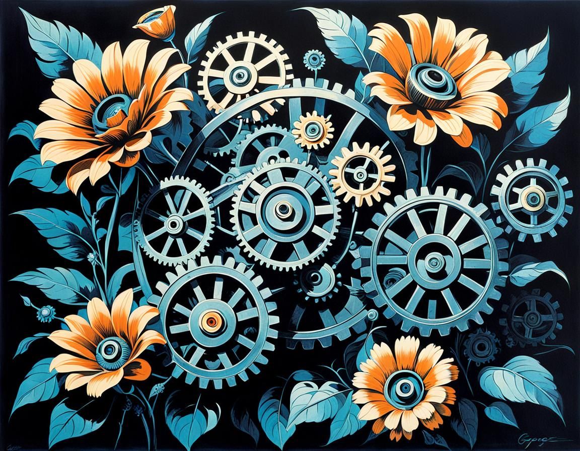 Flowers in Industrial Gear Motif, Cyberpunk Aesthetic