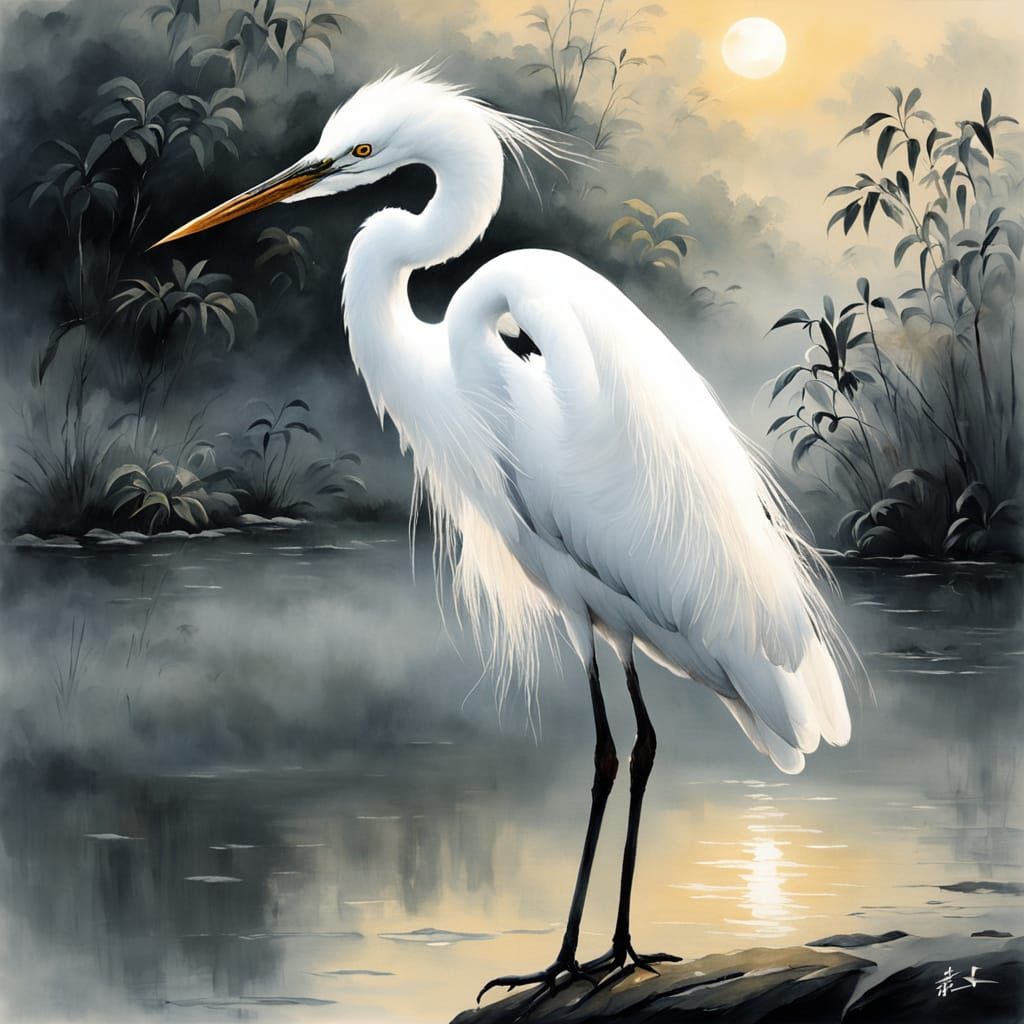 Chinese Masterpiece of a White Egret in Golden Fog