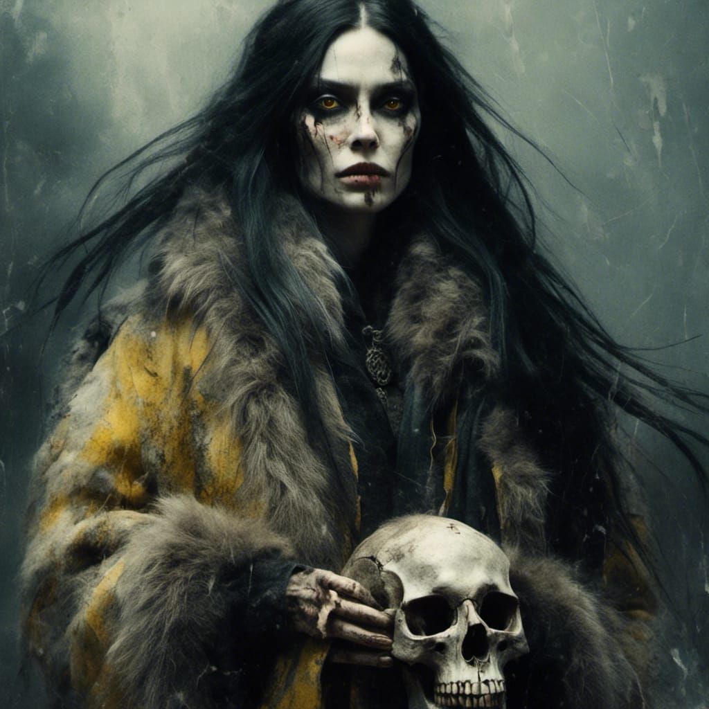 Macabre Woman with Skull in Winter Moonlight