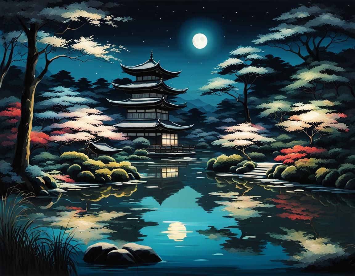 Moonlit Garden Pond: Japanese Oil Painting