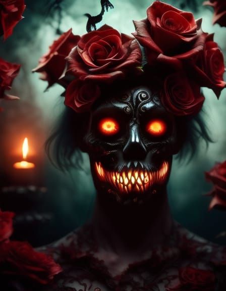 Creepy Halloween Spirit with Glowing Runes and Roses
