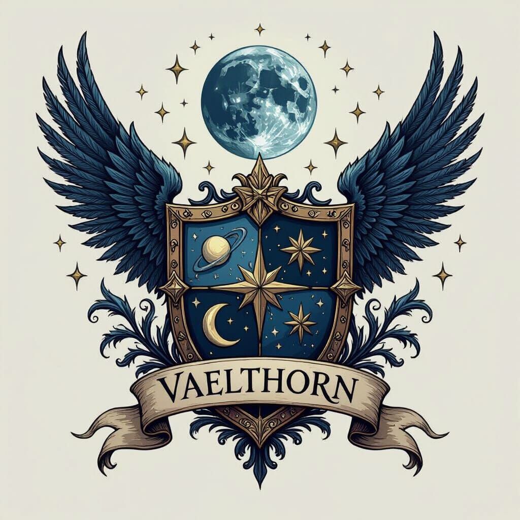 Vaelthorn Family Crest: Moon, Stars, and Wings