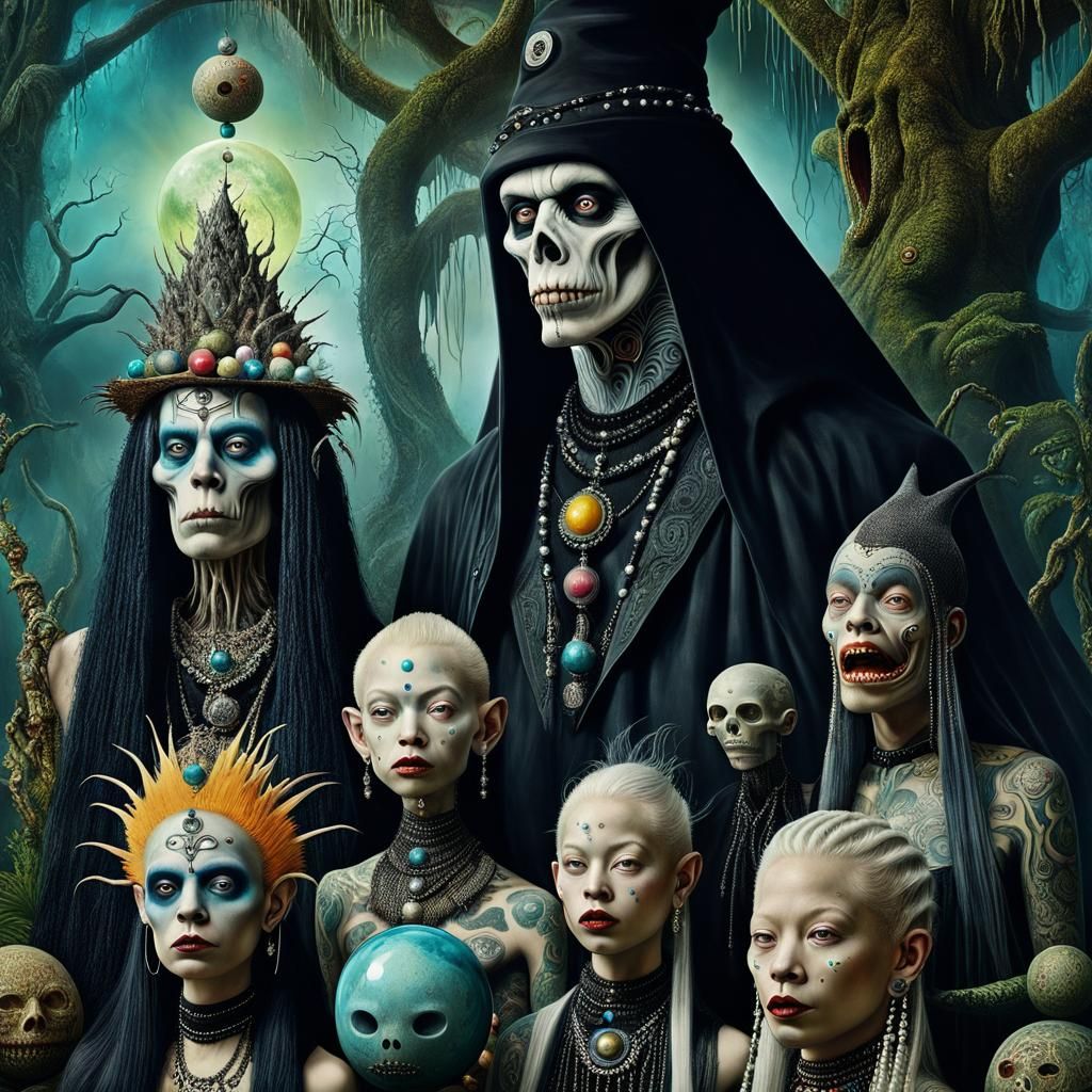 Surreal Cryptid Family in Dreamland, Digital Oil Painting