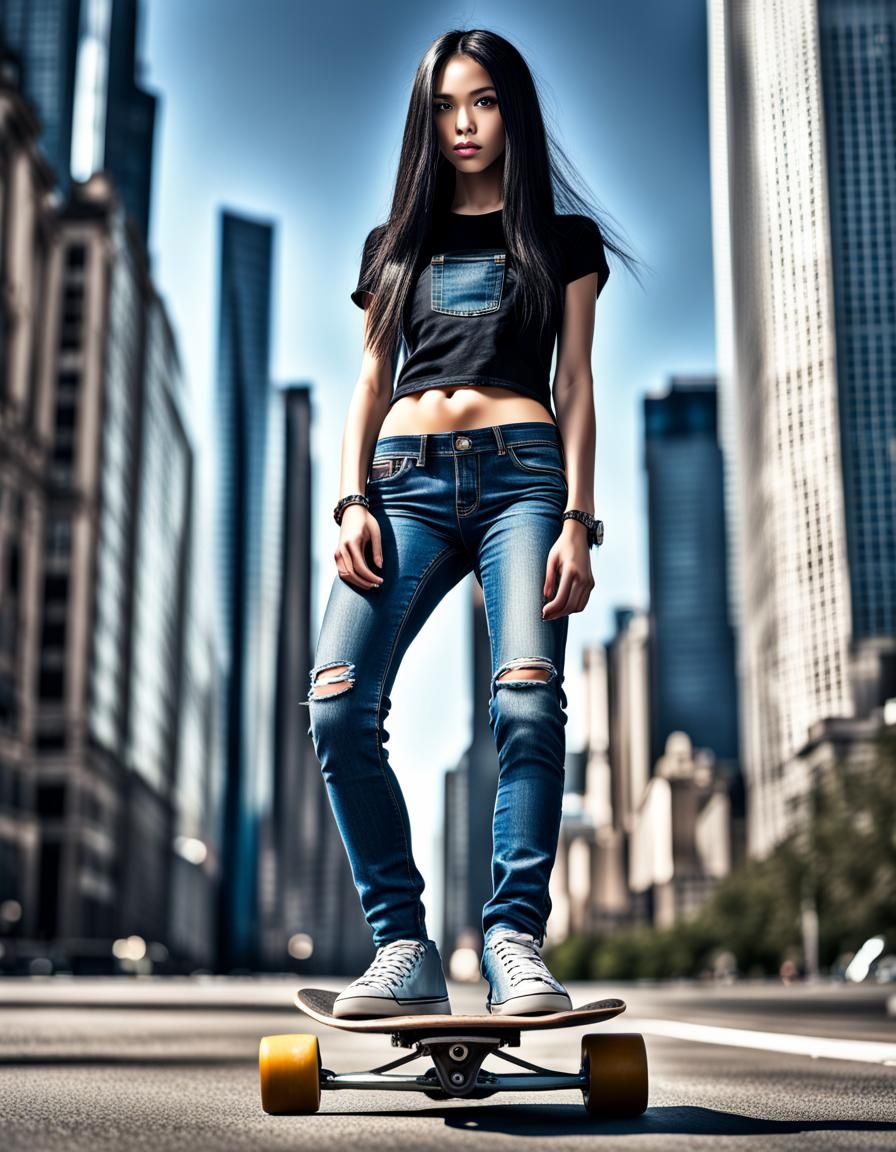 Girl on Skateboard in Hyperrealistic Cityscape