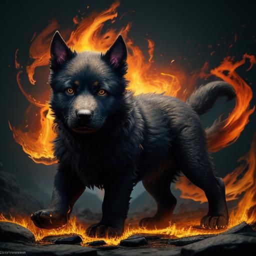Hellhound Puppy Surrounded by Fire in Oil Painting Style