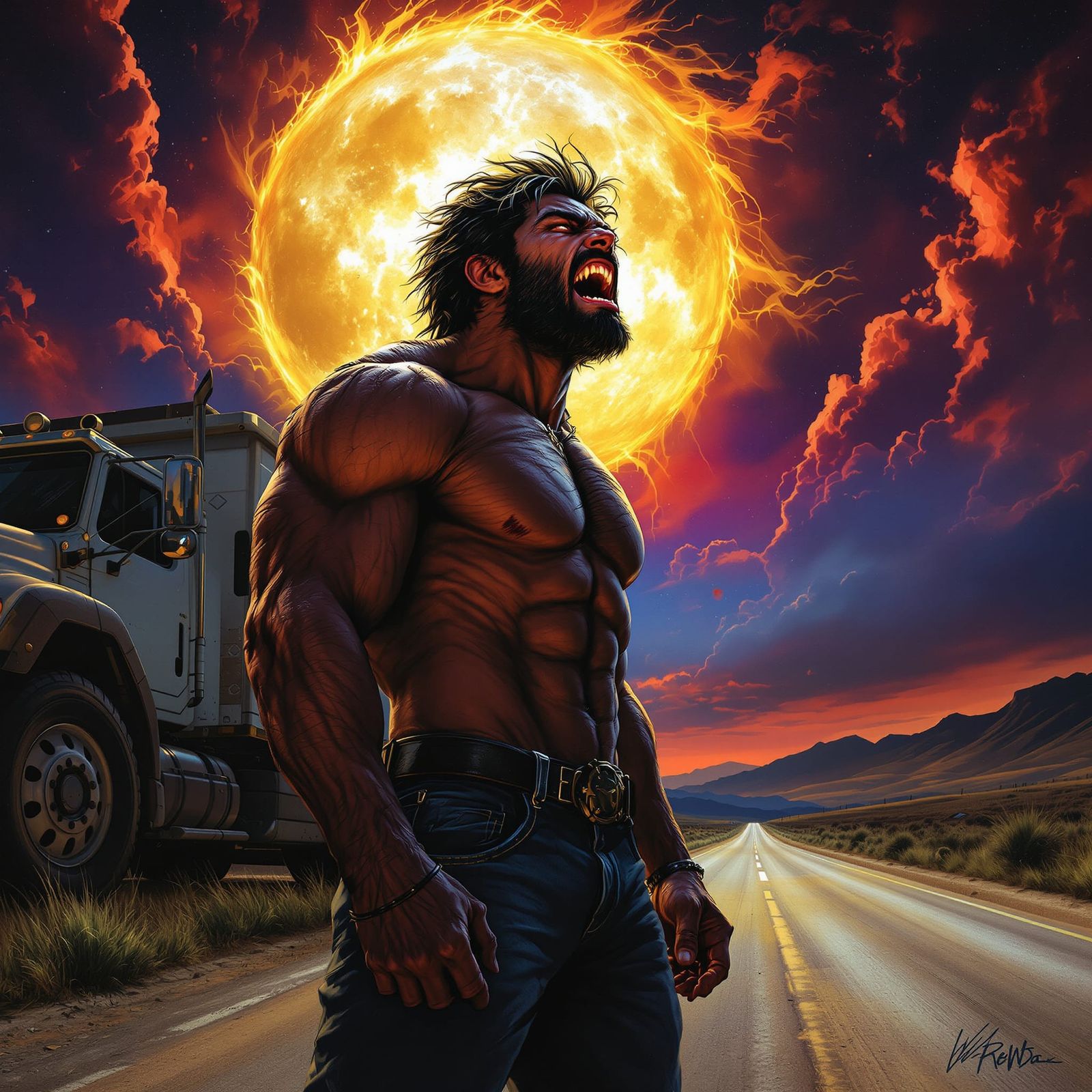 Man Roaring at Full Moon, Transforming into Werewolf