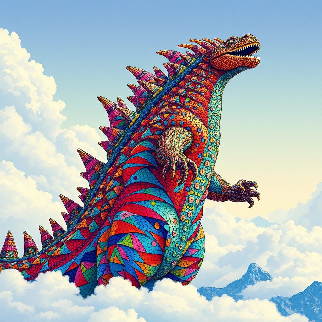 Surreal Mosaic Kaiju Radiates Vibrant Colors