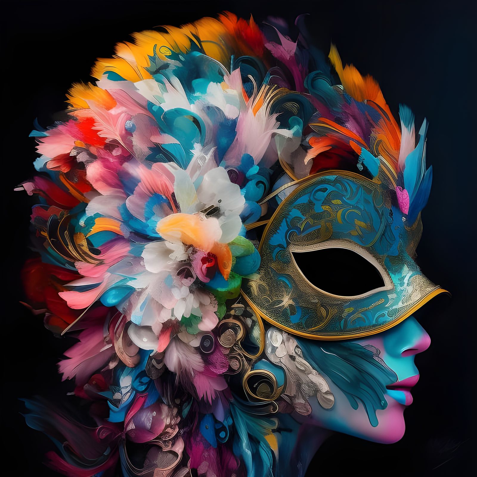 Colorful Masquerade Mask Portrait in Gouache Style