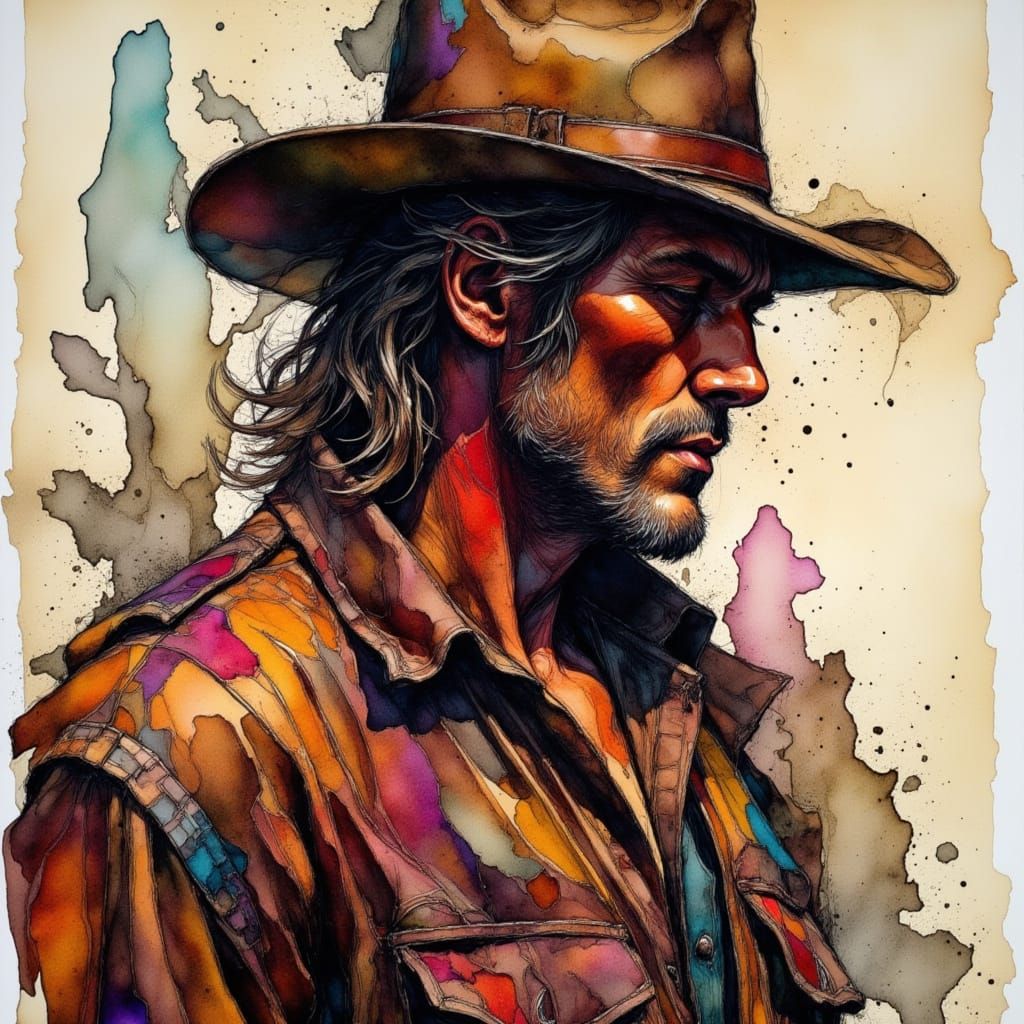 Cowboy Alcohol Ink Sketch in Pulp Style