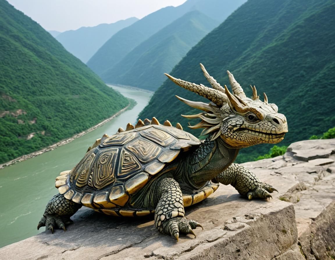 Bixi, tortoise-dragon, on the Yangtze River in the Tanggula Mountains.