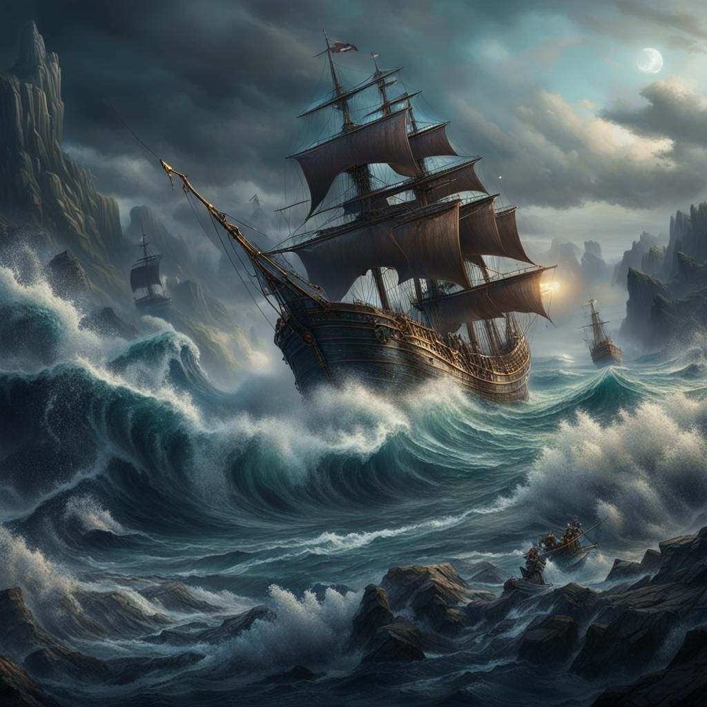 Dramatic Rough Seas in Detailed Matte Painting Style
