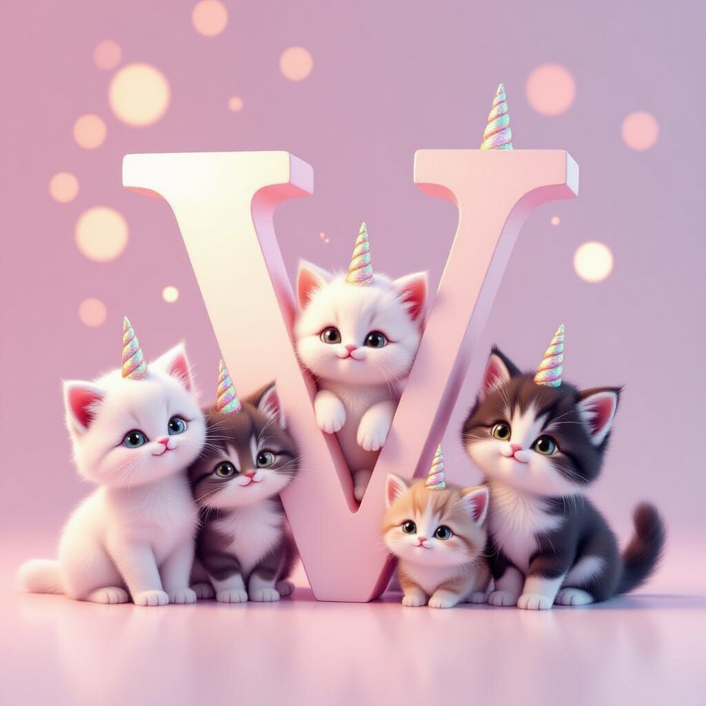 Cute Kittens With Unicorn Horns Surround Letter V