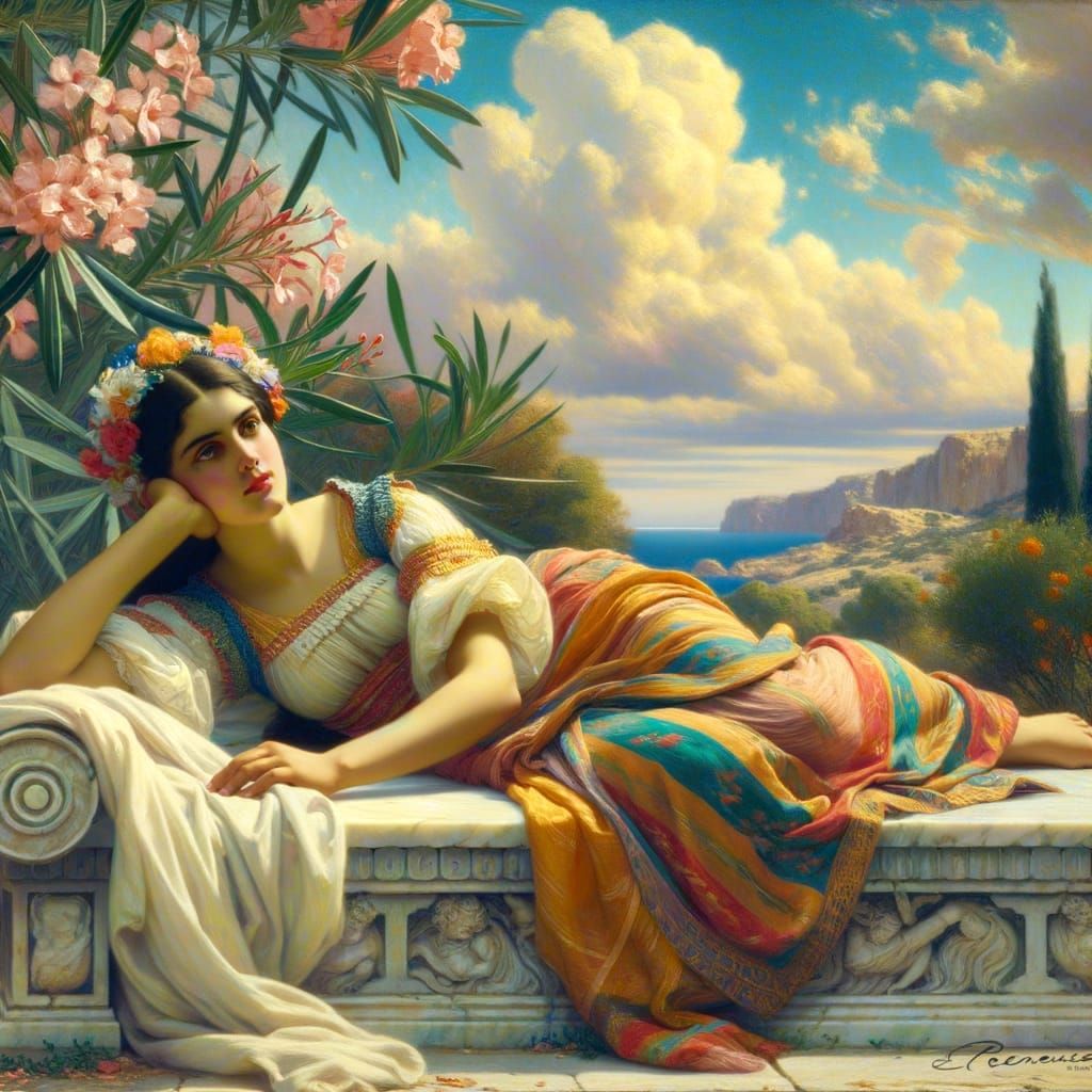 Classical Oil Painting of Woman Relaxing by the Sea