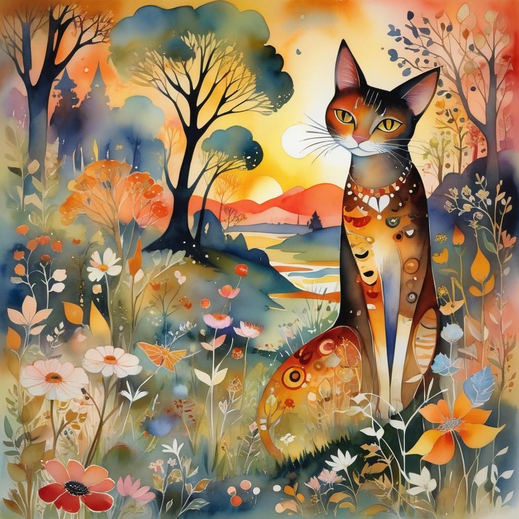 Mystical Afternoon: Vibrant Watercolor in Cel-Shaded Style