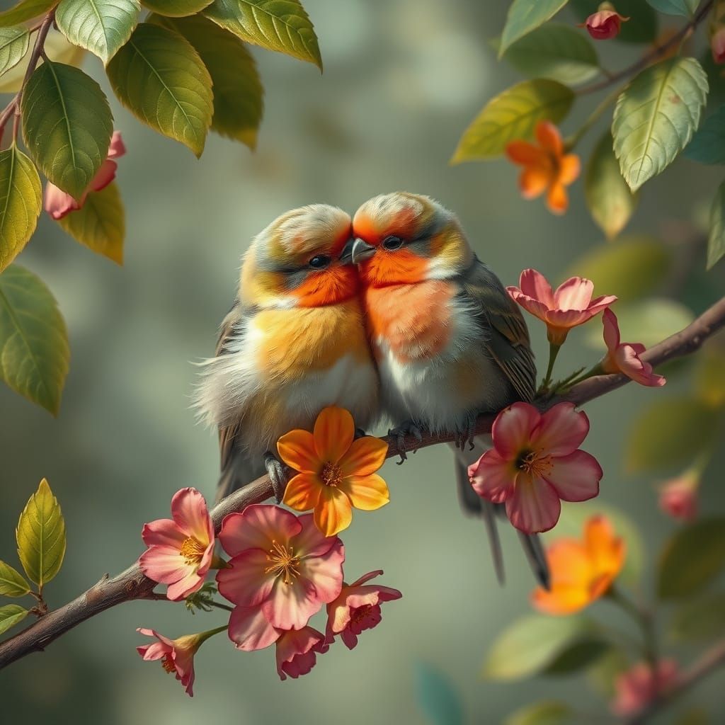 Love Birds Entwined in Whimsical Garden