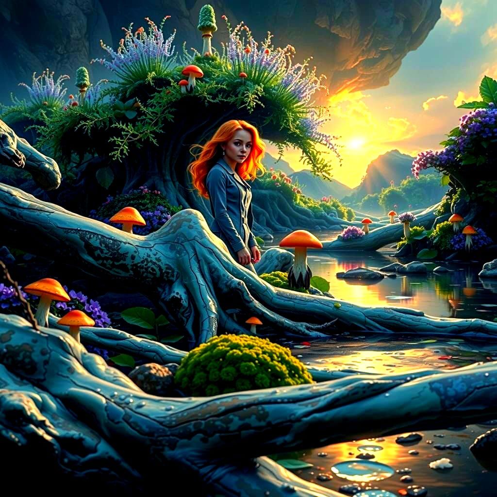 Mystical Grove Landscape with Exotic Flora and Woman