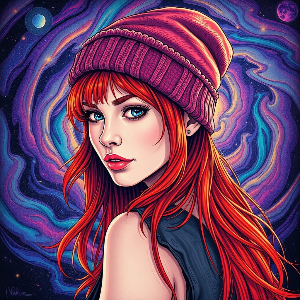 Redheaded Woman in Psychedelic Astral Backdrop