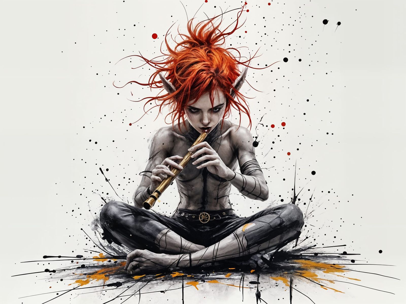 Red Haired Halfling Bard Plays Pan Flute with Magic Sparks