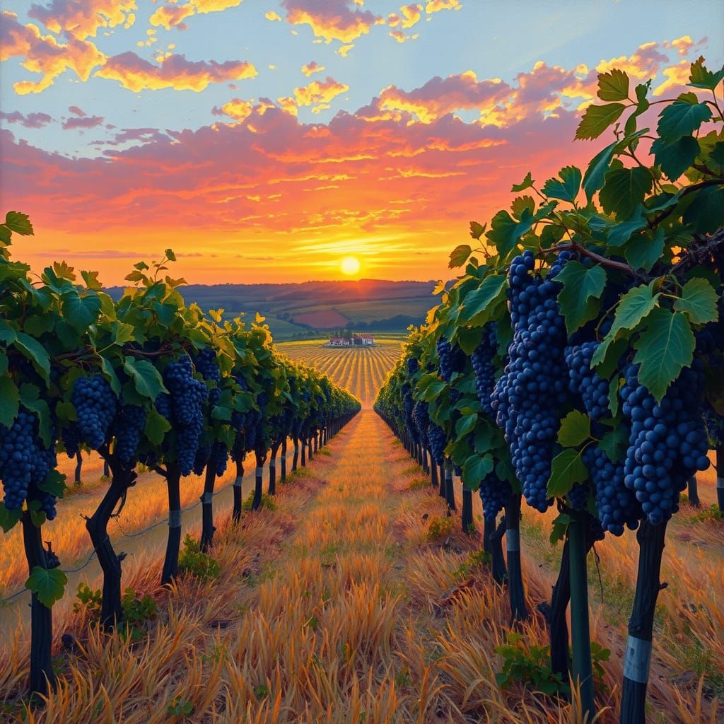 Sunset over a rural French vineyard