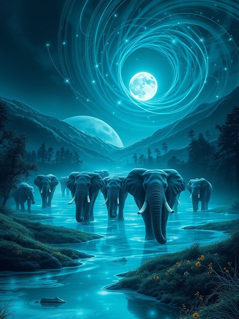 Ethereal Elephants in a Neon Forest