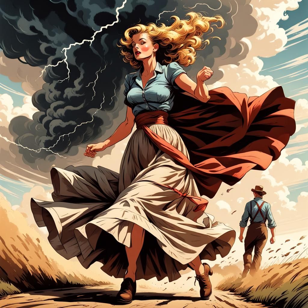 Woman in Windstorm, Comic Book Art Style