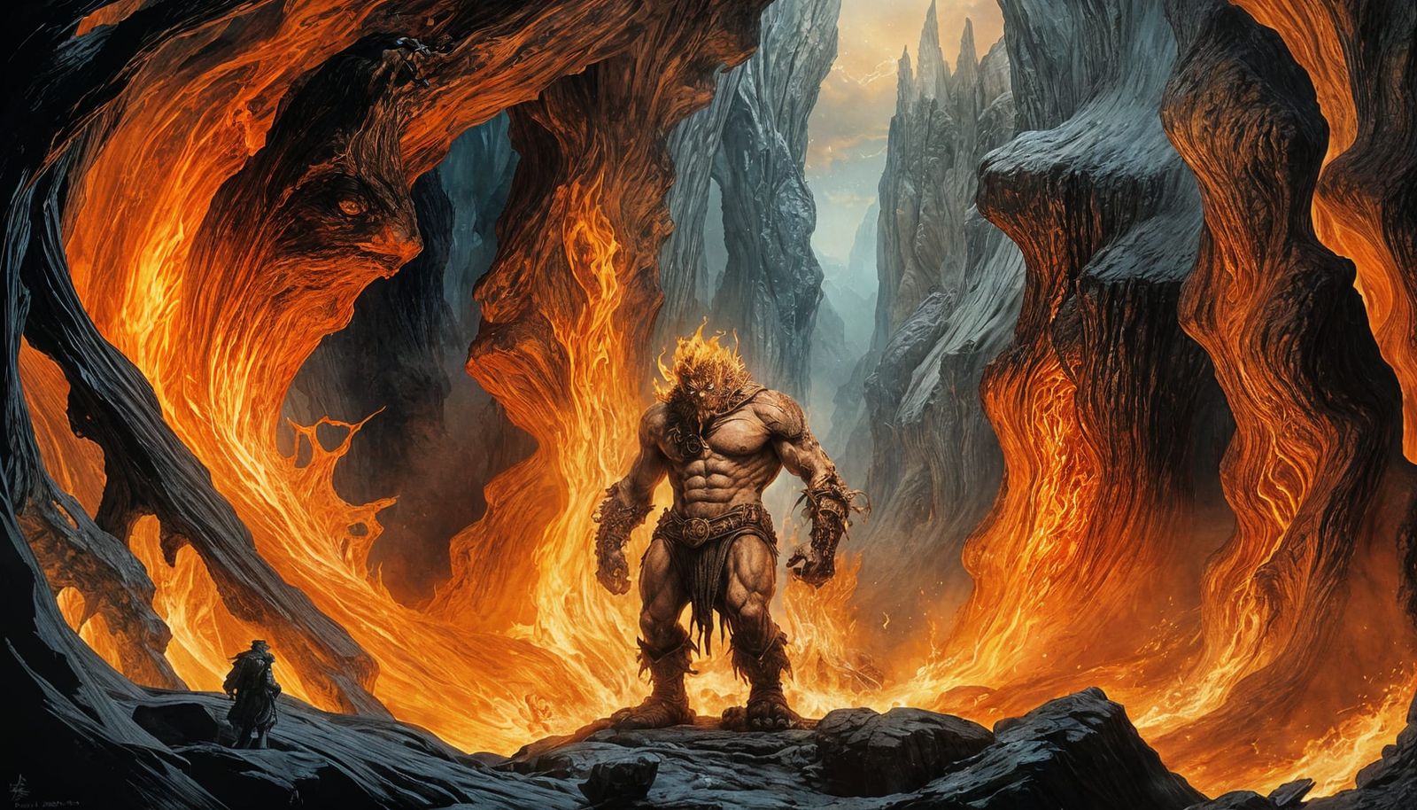 Molten Caverns of Flame Giants in Dark Fantasy Style