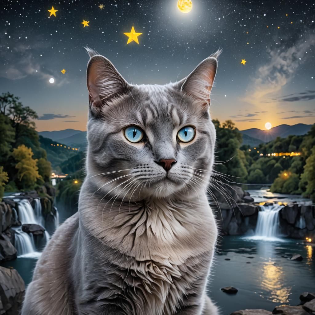 Regal Cat with Star Mark Under Moonlight