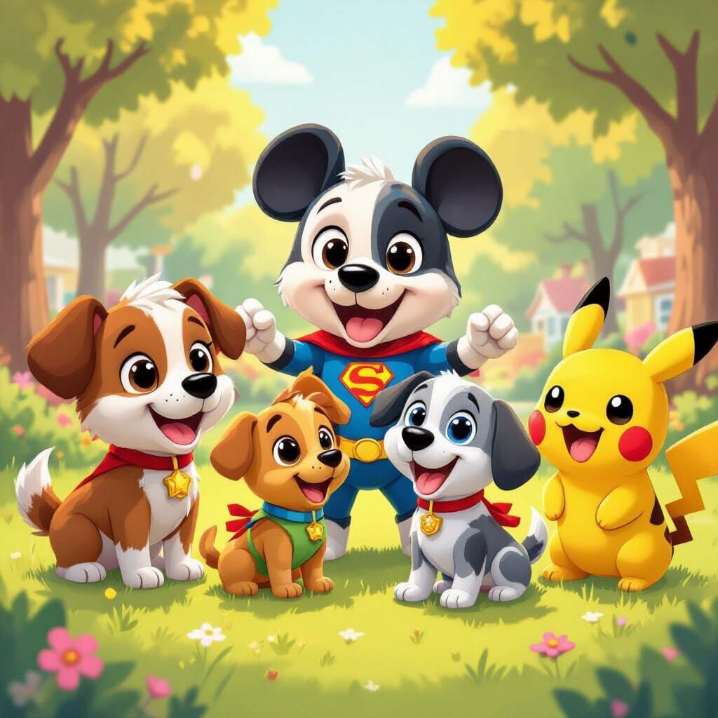 Cartoon Dogs and Famous Characters in a Vibrant Park