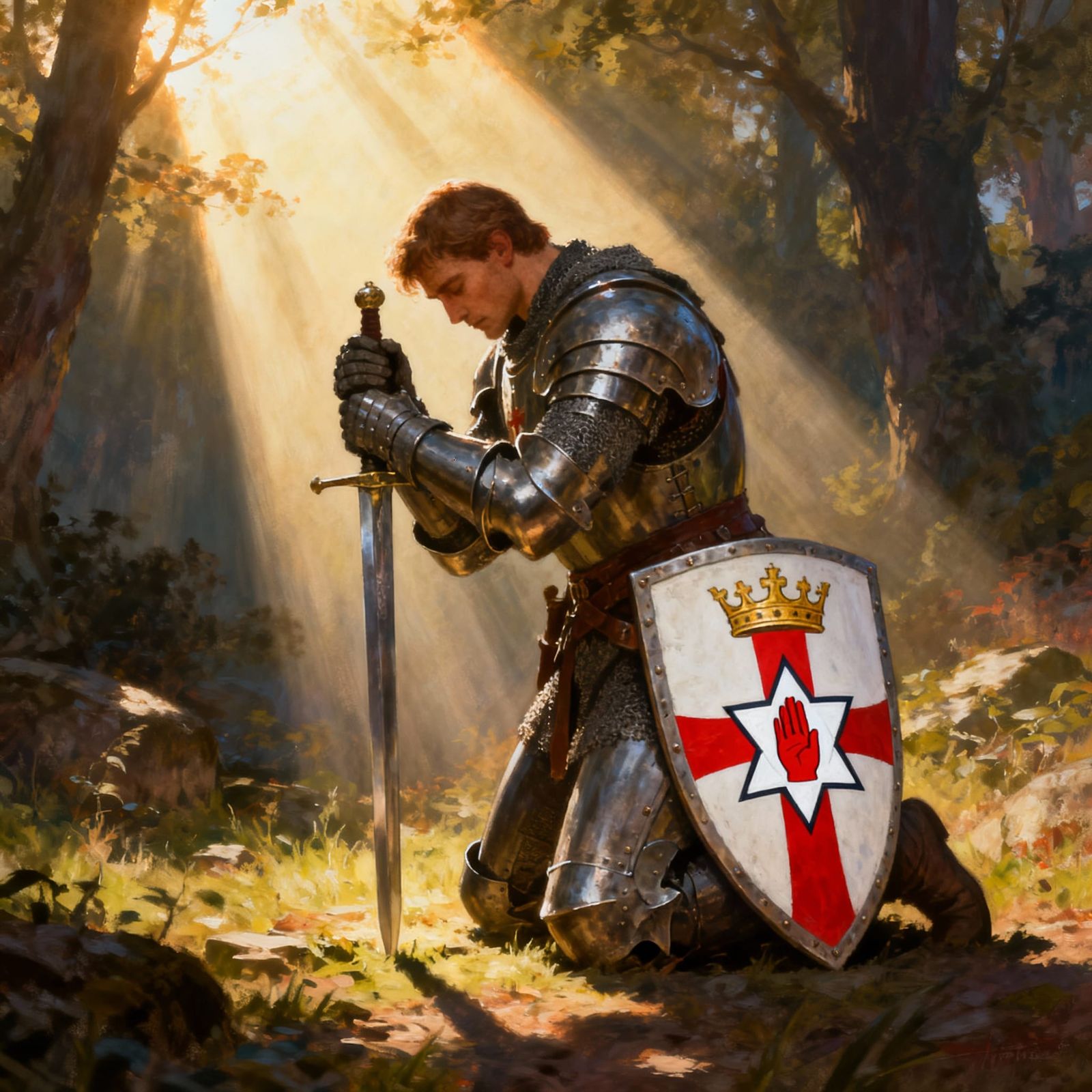 Knight in Prayer with Ulster Banner