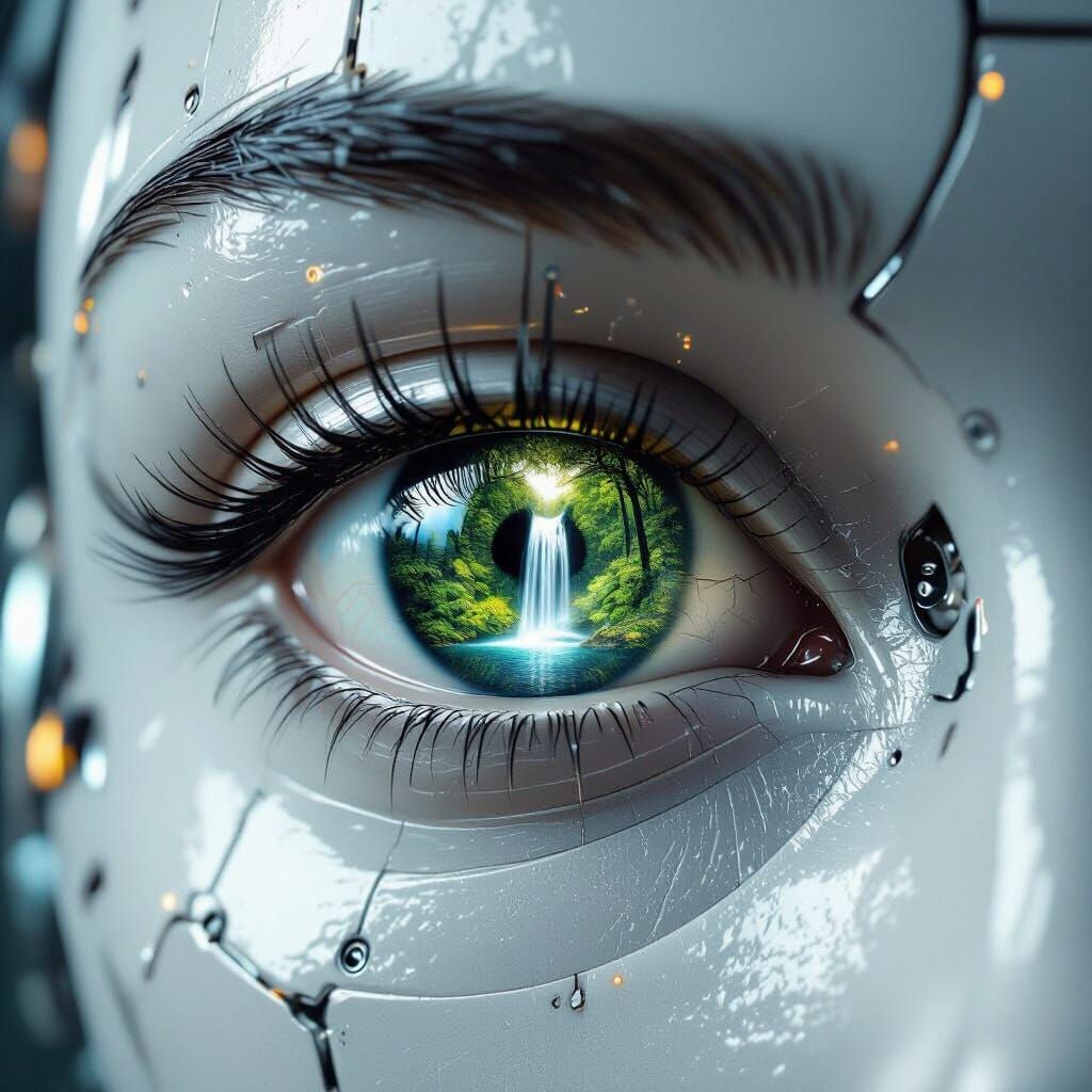 Humanoid Eye With Forest Reflection On Robotic Face