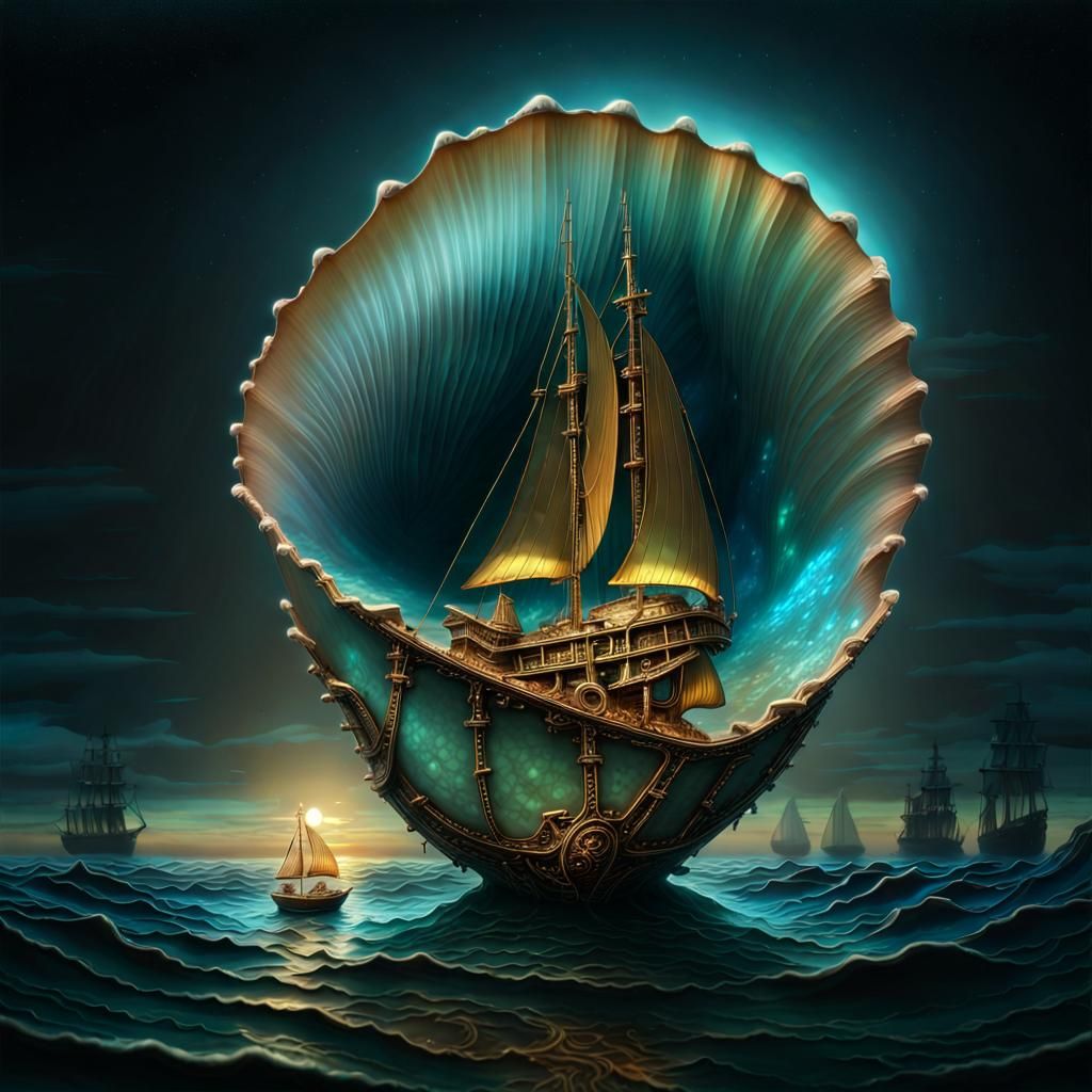 Bioluminescent Shell with Gold Sailboat in Deep Sea