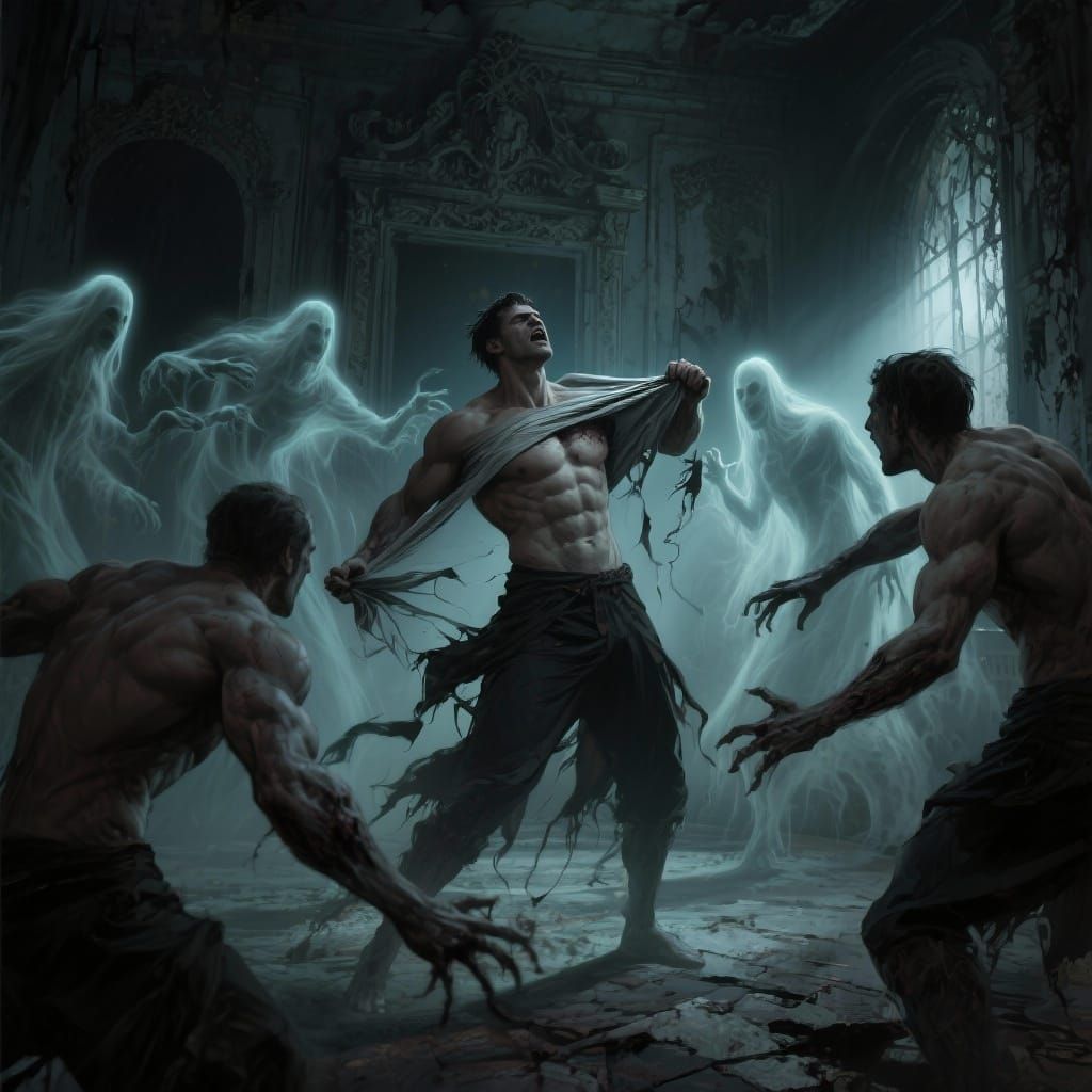 Ghostly Figures Tear Shirt Off Muscular Man in Haunted Mansi...
