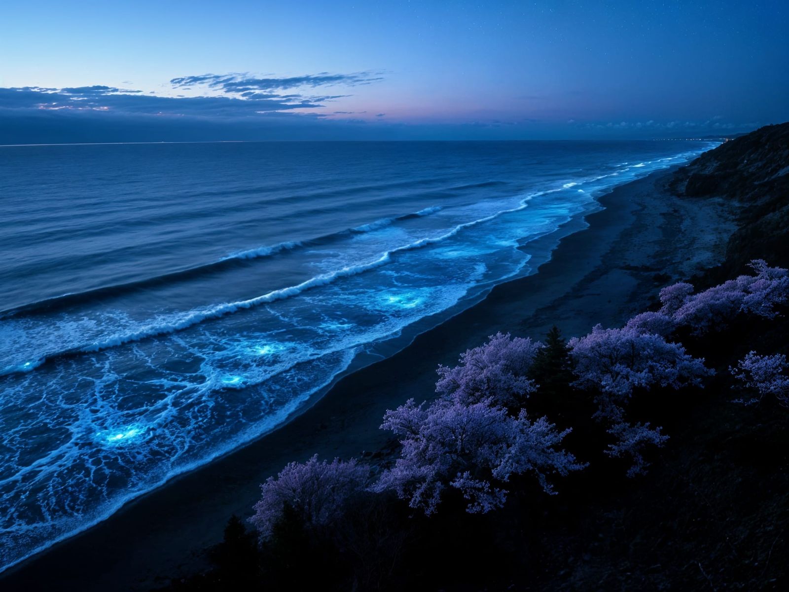 Bioluminescent Waves at Dusk with Cherry Blossoms