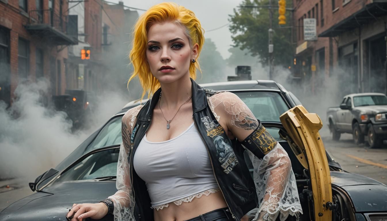 Alluring Woman with Tattoos Leaning on Car