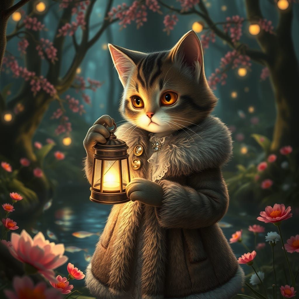 Cat-Girl in Enchanted Forest with Lantern