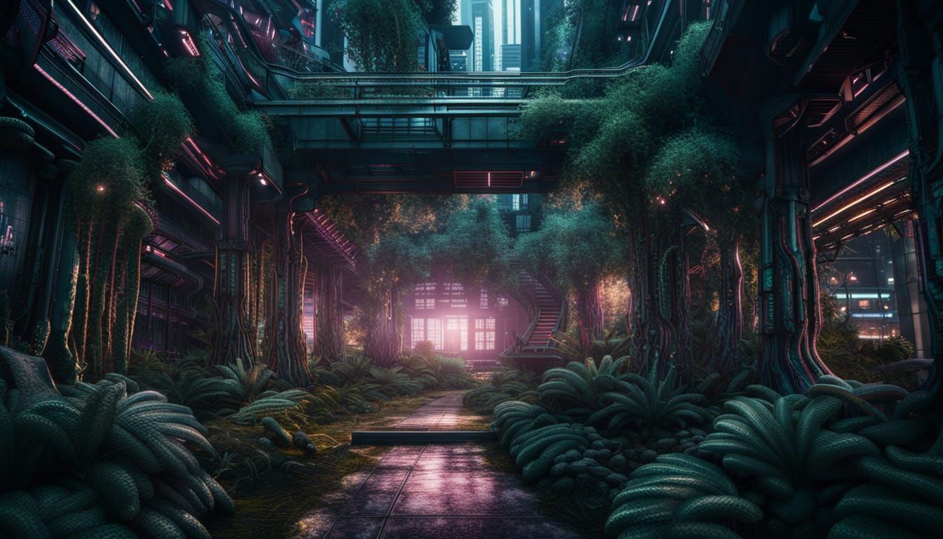 Hyperrealistic Cyberpunk Metal Forest in HDR