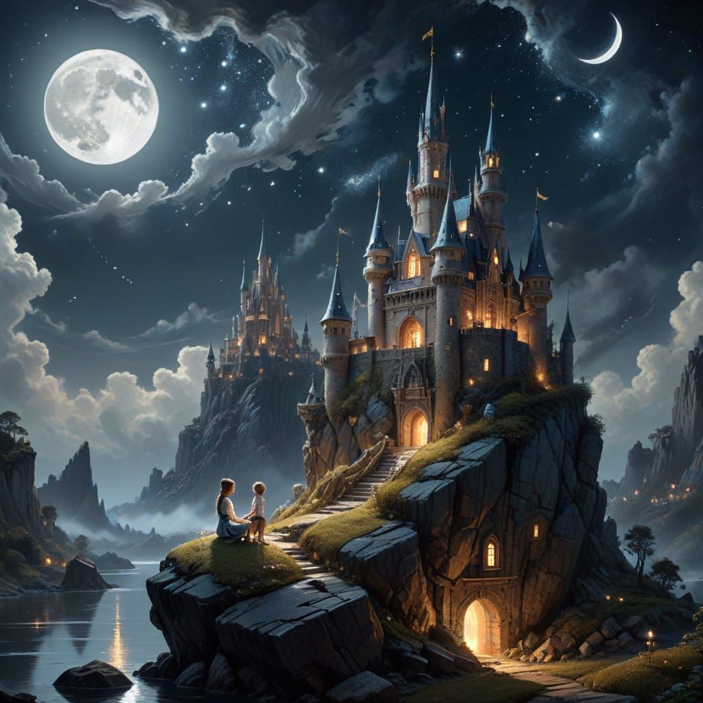 Surreal Moonlit Castle Scene in Whimsical Fairytale Style