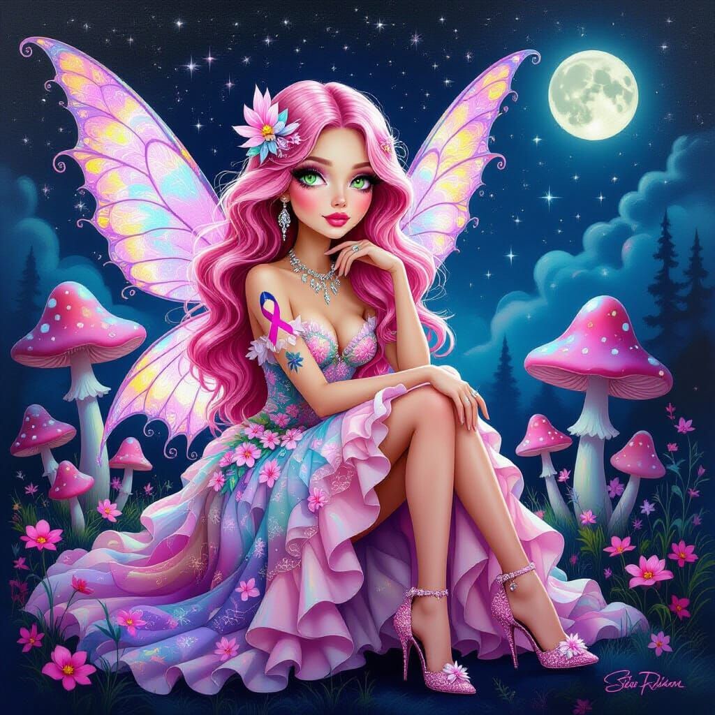 Surreal Fairy with Pink Hair and Sparkling Wings