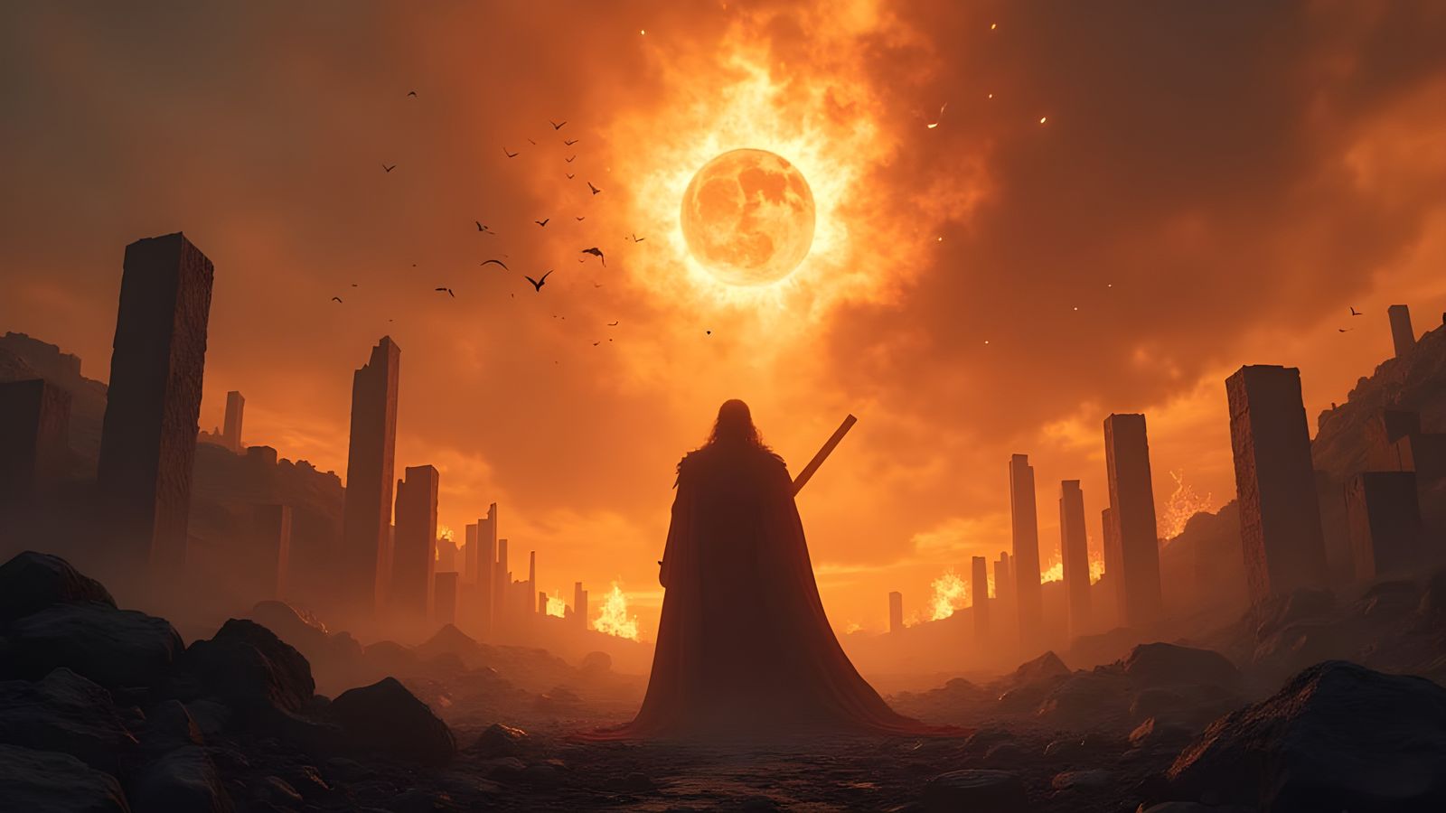 Norse Warrior in Smoldering Ruins at Dawn