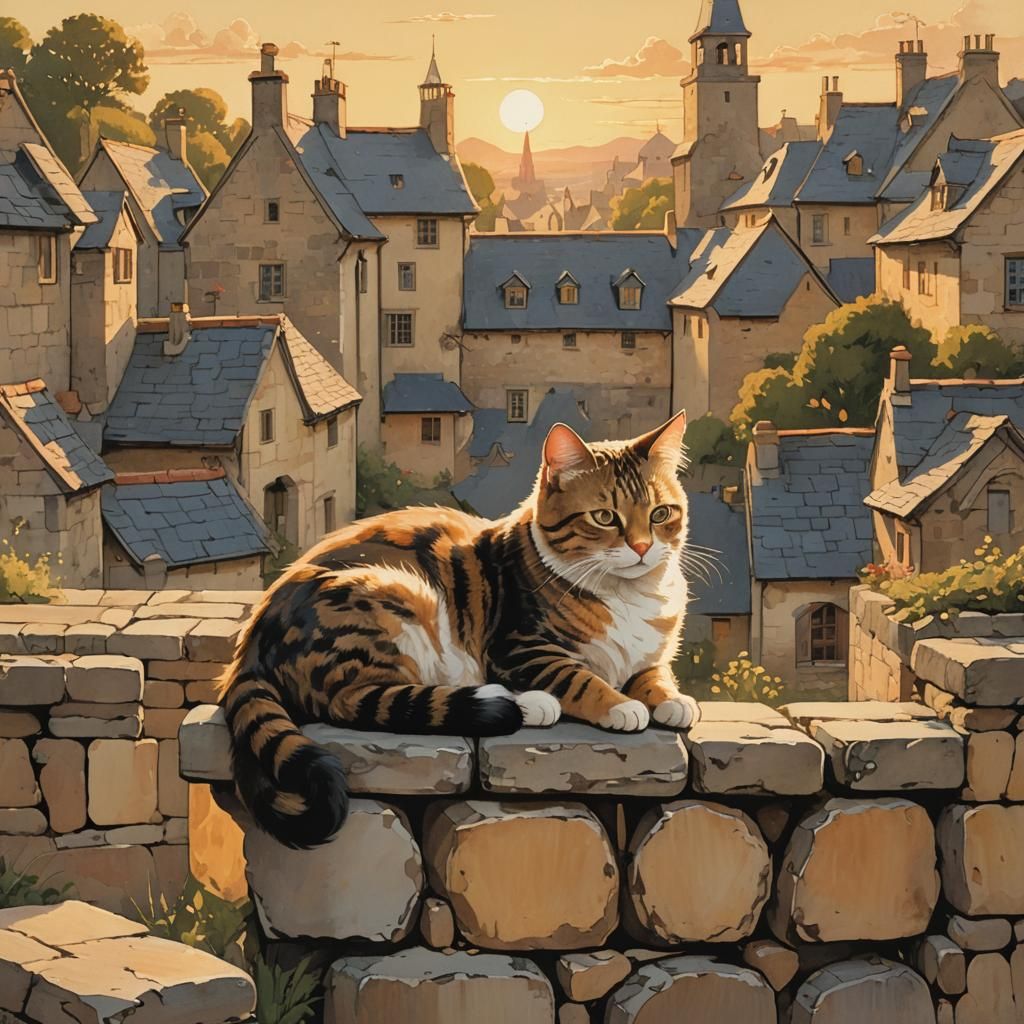 Charming Cat Lounging on Sun-Kissed Stone Wall
