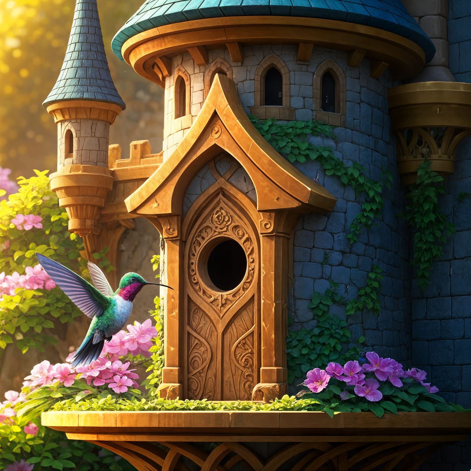 Hummingbird Visits Castle Birdhouse: Anime-Inspired 3D Art
