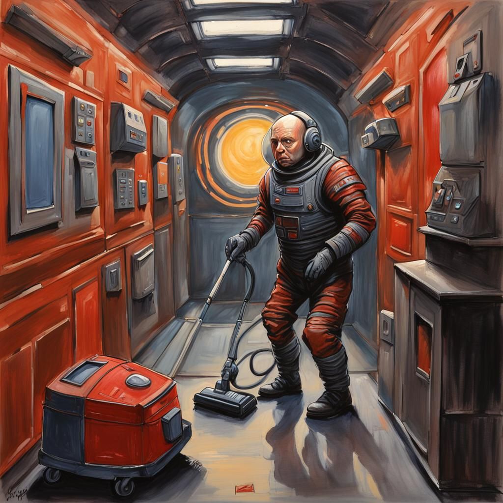 Kryten Hoovering in Red Dwarf: Gouache Style Painting