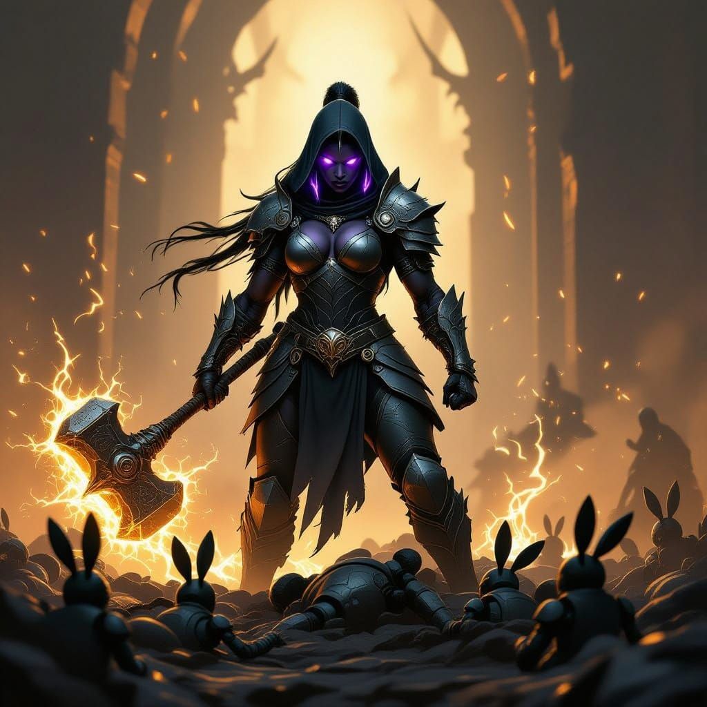 Dark Fantasy Drow Warrior Triumphs Over Robot Rabbits