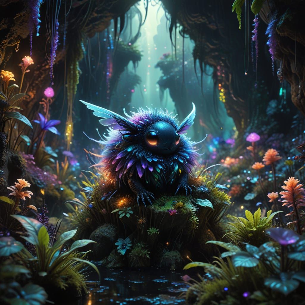 Glowing Rainbow Critter Amidst Alien Flora